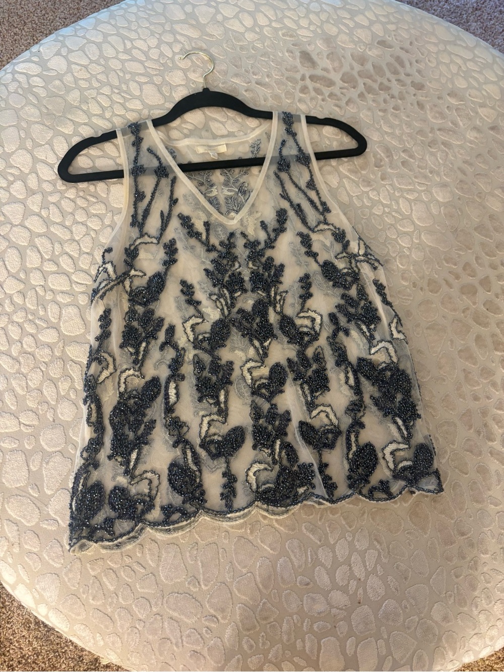 Mystree Ivory Sheer Camisole with Navy Floral Beading